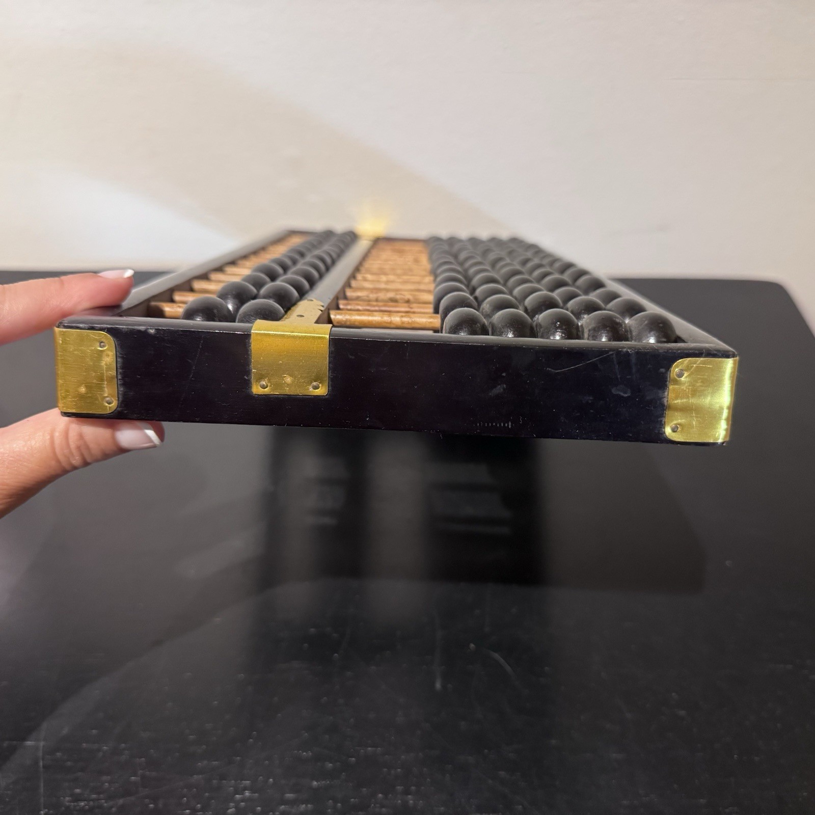 Vintage Abacus Brass & Natural Wood 13 Rows 91 Beads 14.5in Black