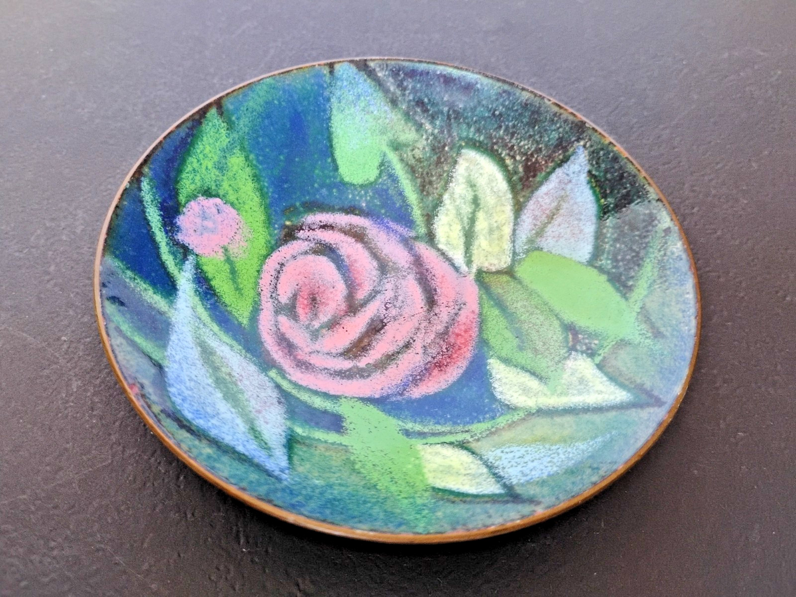 Chinese Cloisonné Teal Enamel Copper Plate Trinket Dish 3.75” Floral Decor