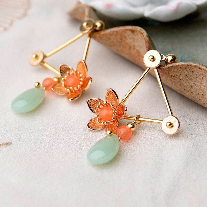 Chinese Colour Stone/Coloured Glaze/Gild Tibetan Style Vogue Earbob Earrings