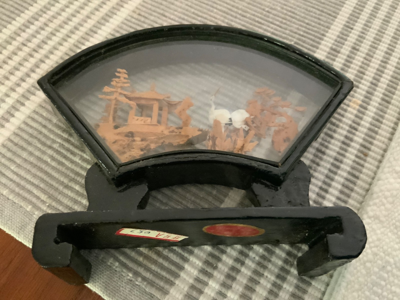 Vtg 2 Cork Dioramas 3D Mini Landscape w/ Cranes Pagoda Lacquered Wood Base