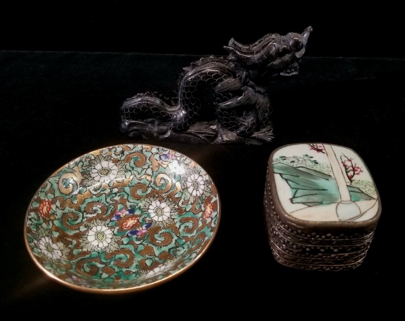 3 Vtg Chinese Items Soapstone Dragon Ching Dynasty Ceramic Trinket Box Sm Dish
