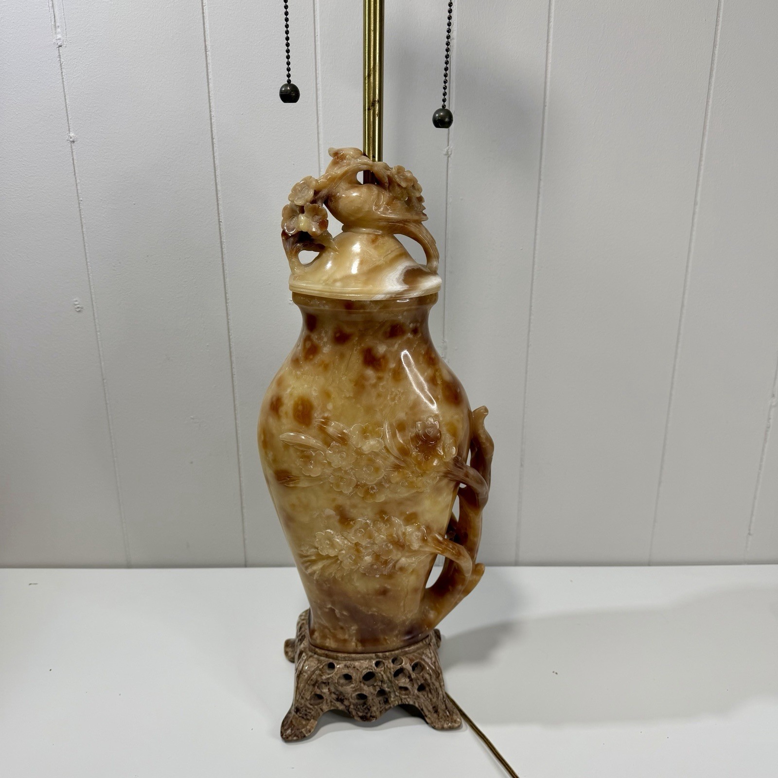 Rare Vintage Chinese Hand-Carved Soapstone Floral and Table Lamp