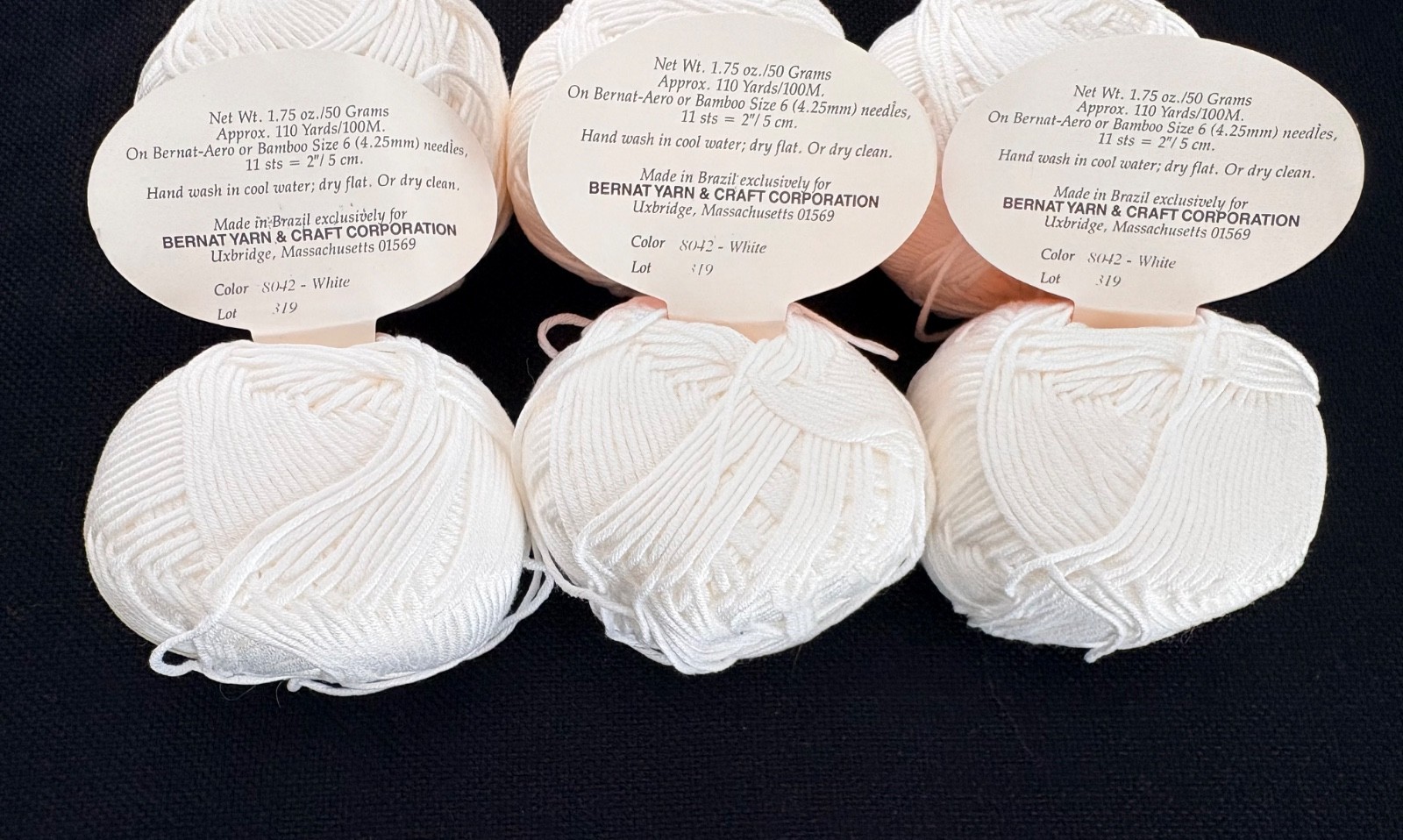 New Lot of 6 Bernat Carina Mercerized Cotton Yarn, #8042 White, 1.76 oz, Brazil