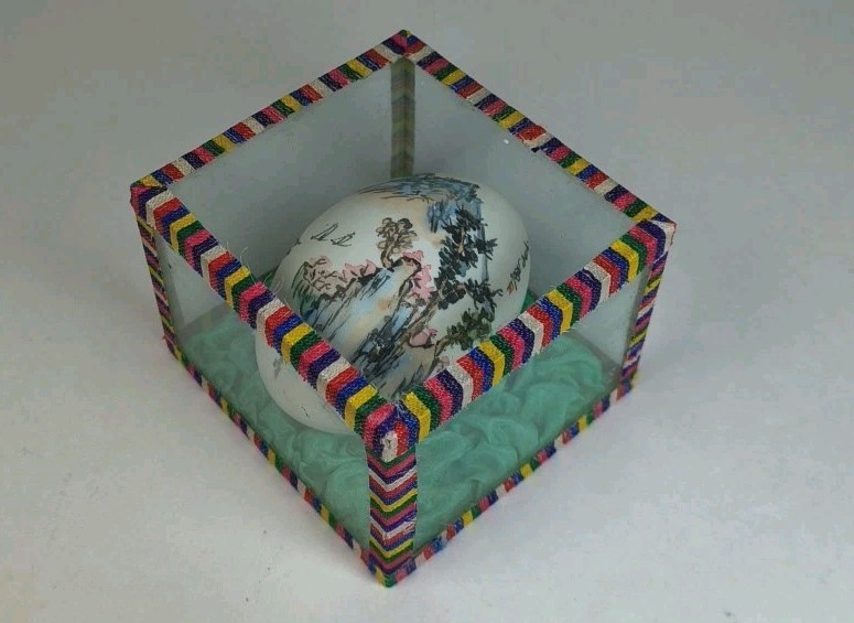 Vintage Hand Painted Egg Shell in Glass Display Box Asian Oriental Landscape