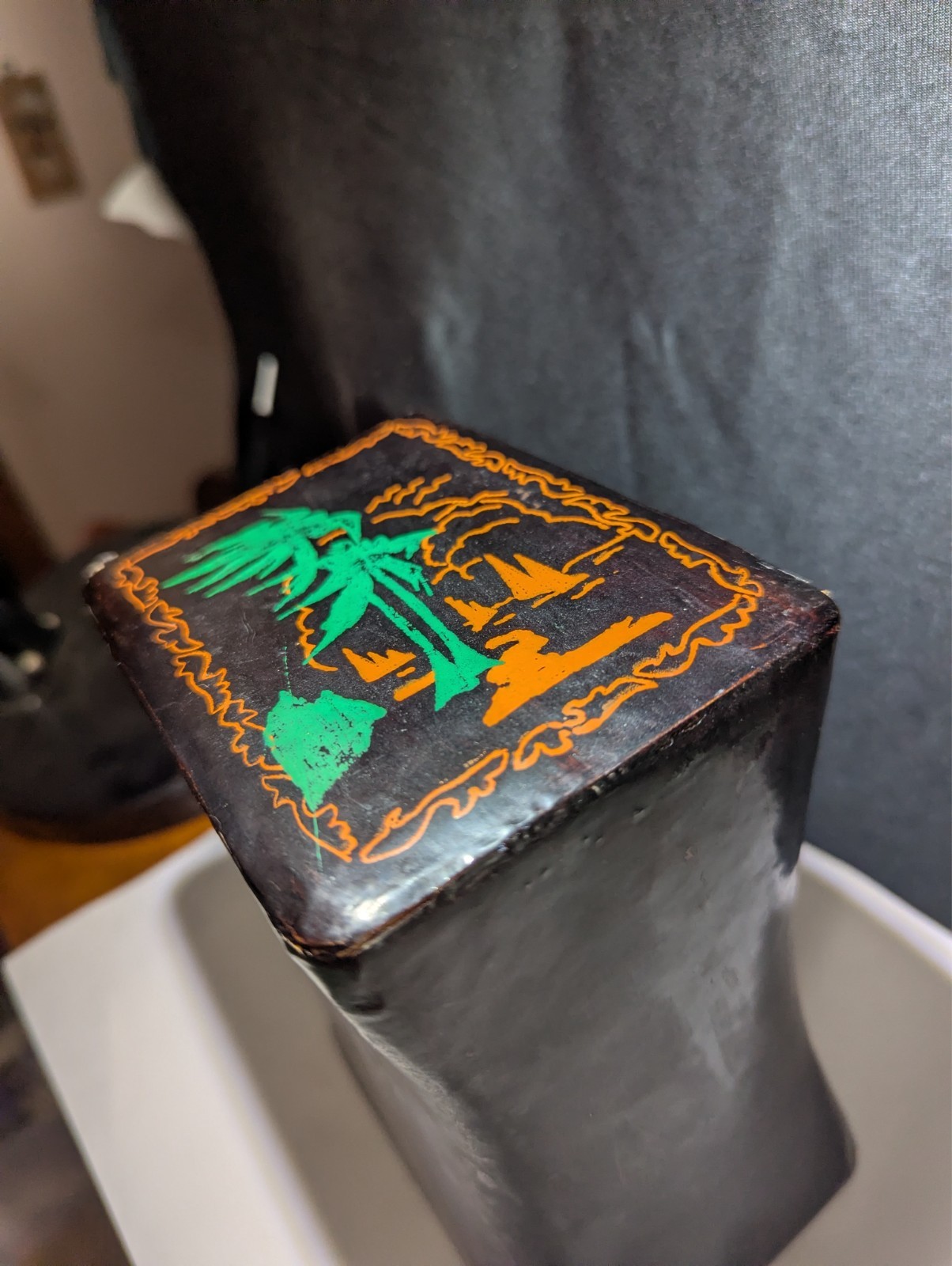 ANTIQUE CHINESE BLACK LACQUERED LEATHER OPIUM PILLOW GEISHA ASIAN DECOR TREES