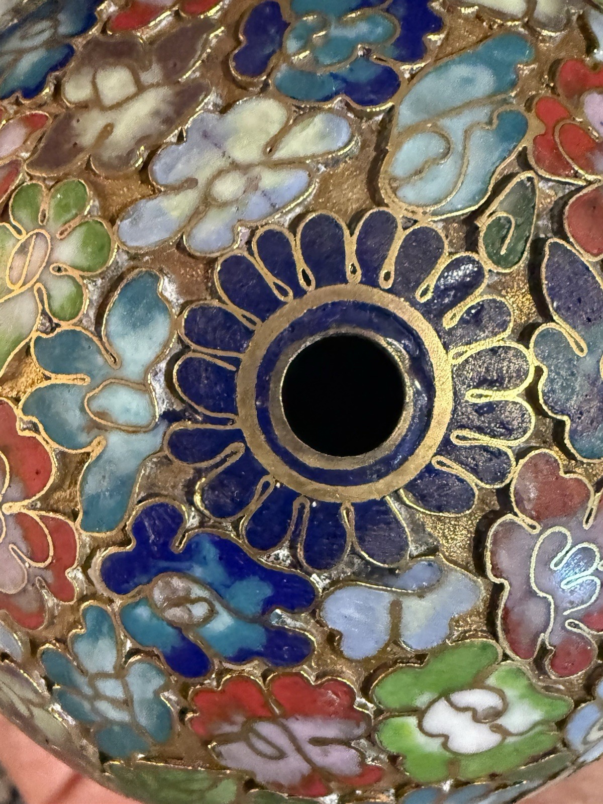 Vintage Chinese Cloisonné Large Gilded Egg w/ Wood Stand Floral, Millefleurs