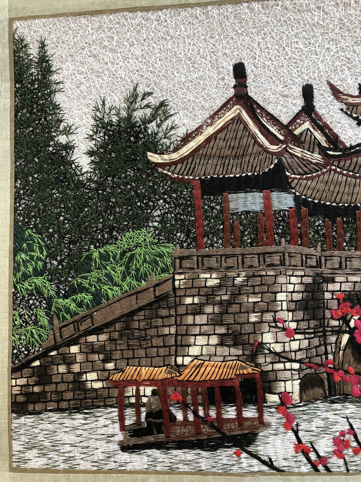 Asian Oriental Chinese Silk Hand Needlepoint Art With Silk Brokade Chinese NEW