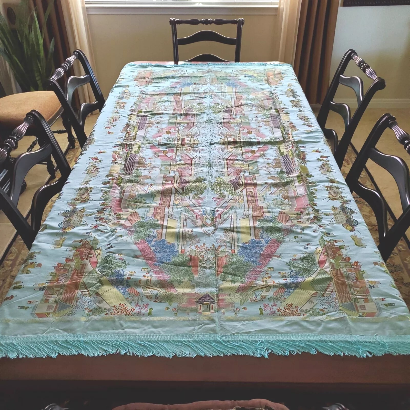 Vintage Gorgeous “Brocaded Flowers” Chinese Silk Tapestry Tablecloth 80″x54″