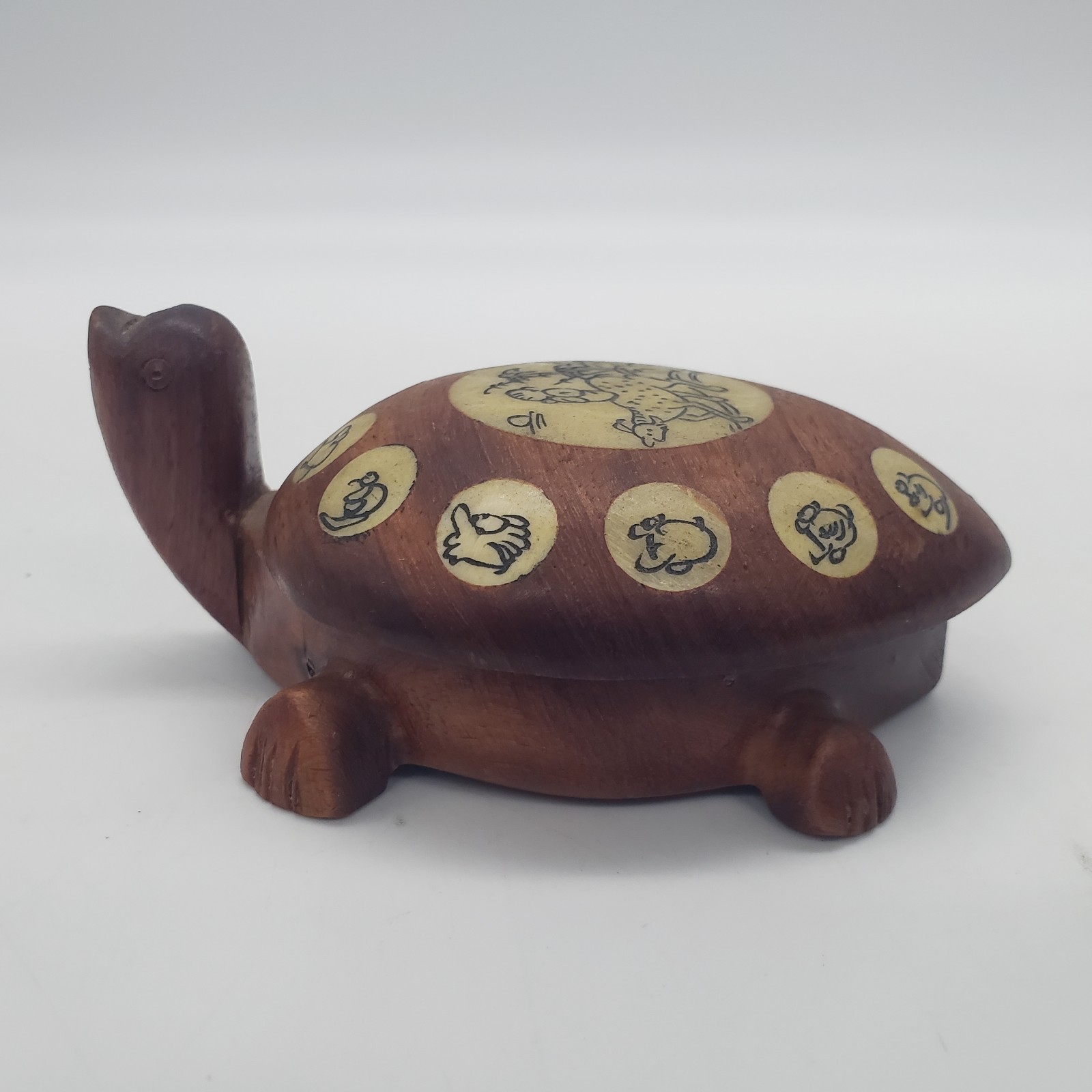 Vintage Carved Wood Turtle with Inlaid Chinese Zodiac Signs Opens to Compass