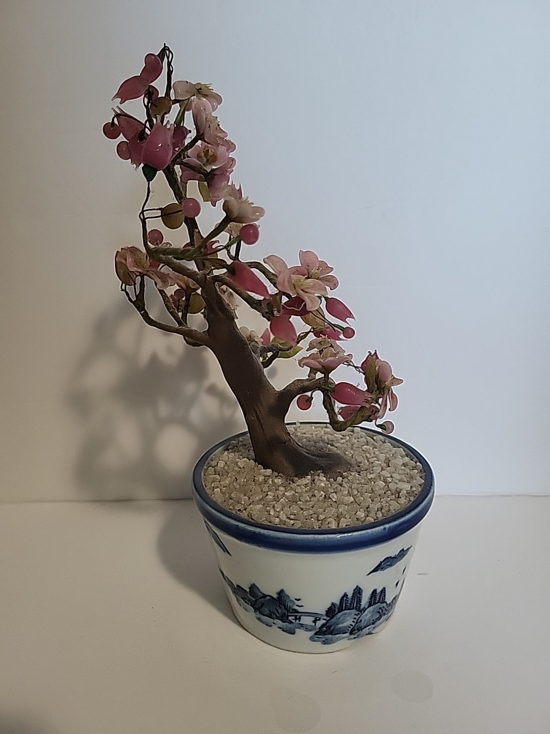 Jade & Agate Glass Cherry Blossom Bonsai Tree In Blue & White Ceramic Pot