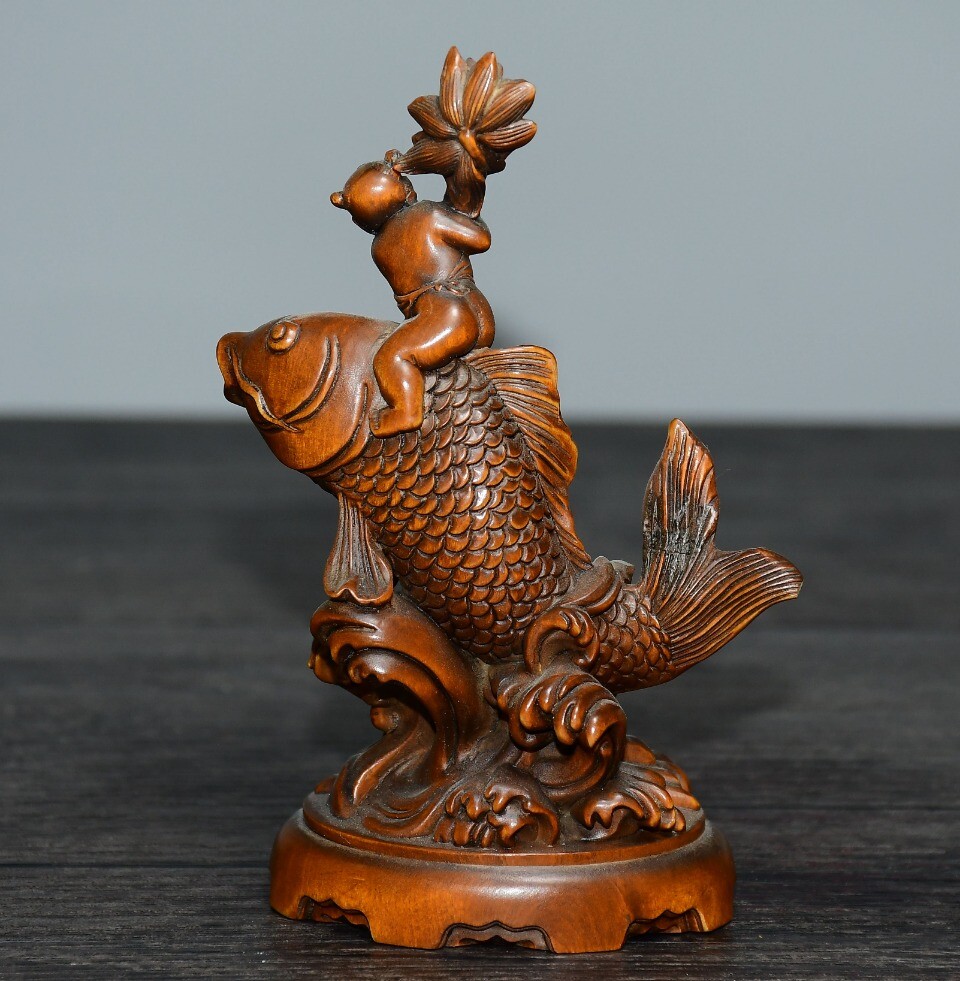4.5″ Collect Chinese Box-wood Carving Boy Ride Goldfish Statue