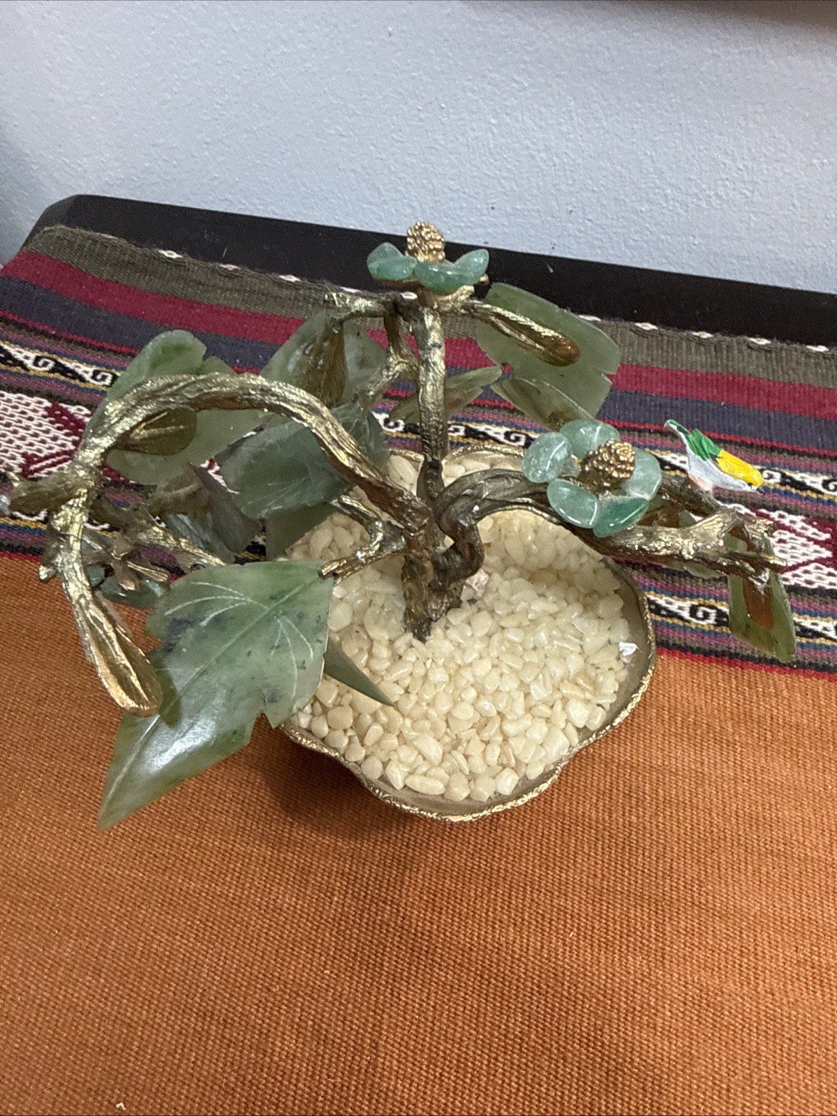 Vintage Glass Bonsai Jade Tree Intricate Multi Colored Flowers in Jade Base