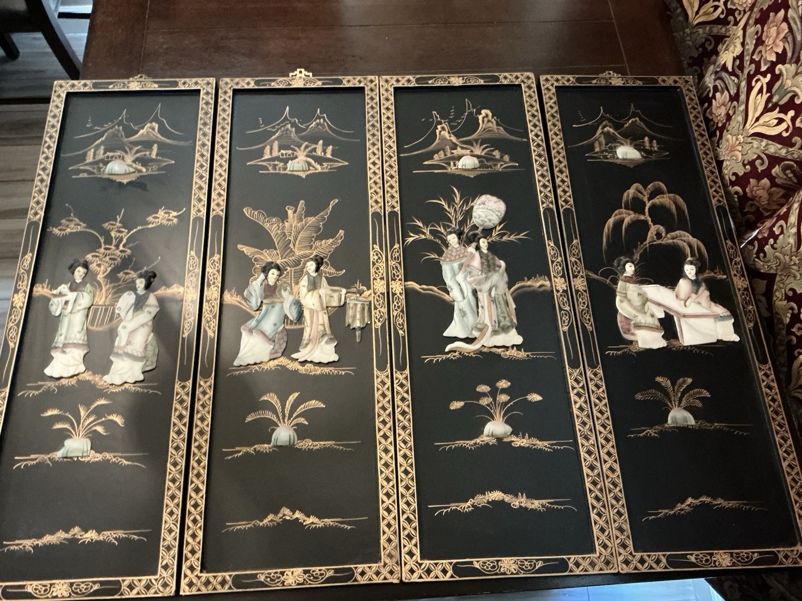 Lot Of 4 Chinese Wood Panel Wall Hanging, 12” By 36”, Used In Great Condition.