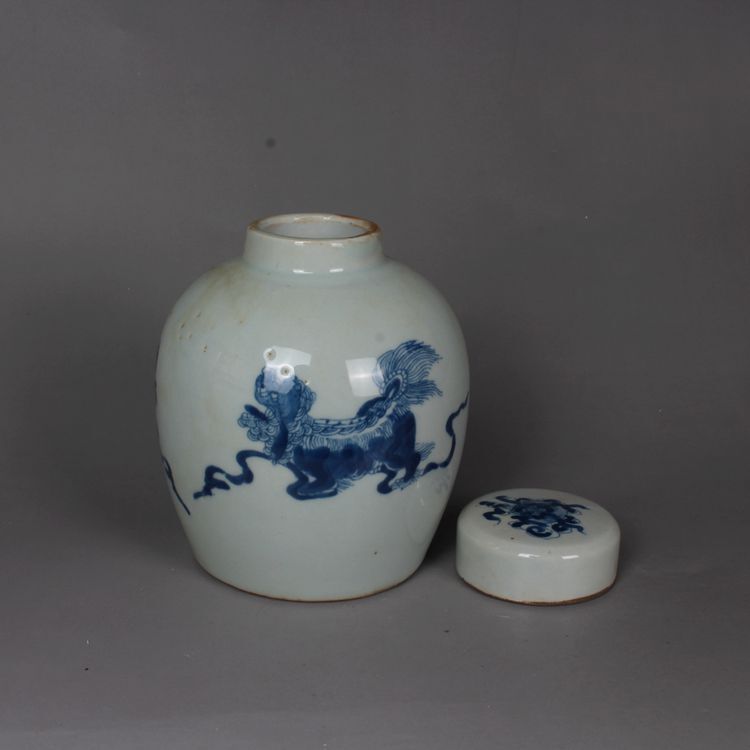 4.7″ Chinese Folk Kiln Blue and White Porcelain Foo Fu Dog Lion Tea-leaves Jar
