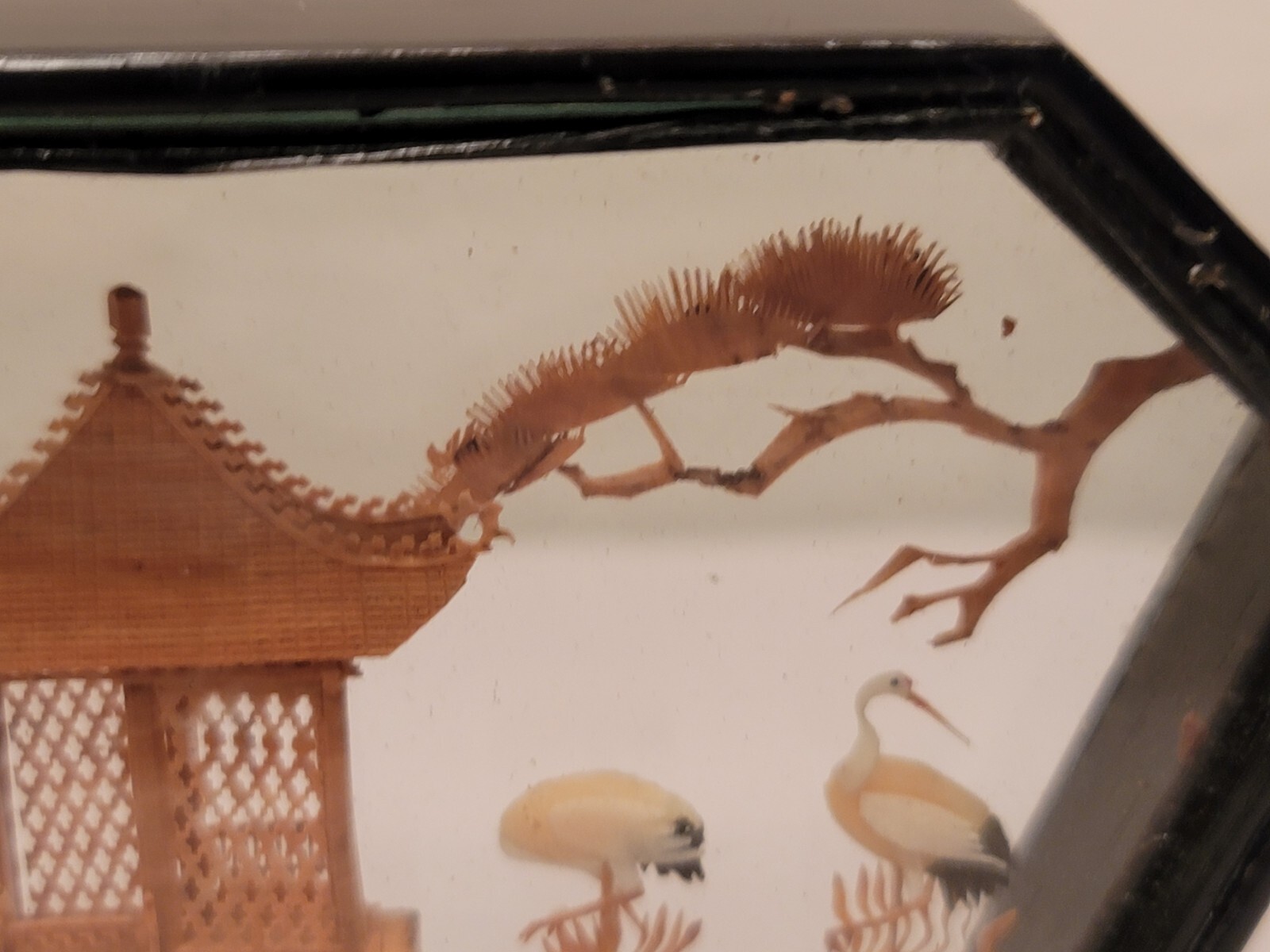 Chinese Cork & Wood Diorama Hand Carved Asian Crane Pagoda Tree Art Glass