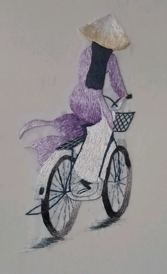 VINTAGE BEAUTIFUL SILK EMBROIDERED ASIAN LADY RIDING BICYCLE 12 X 14.5