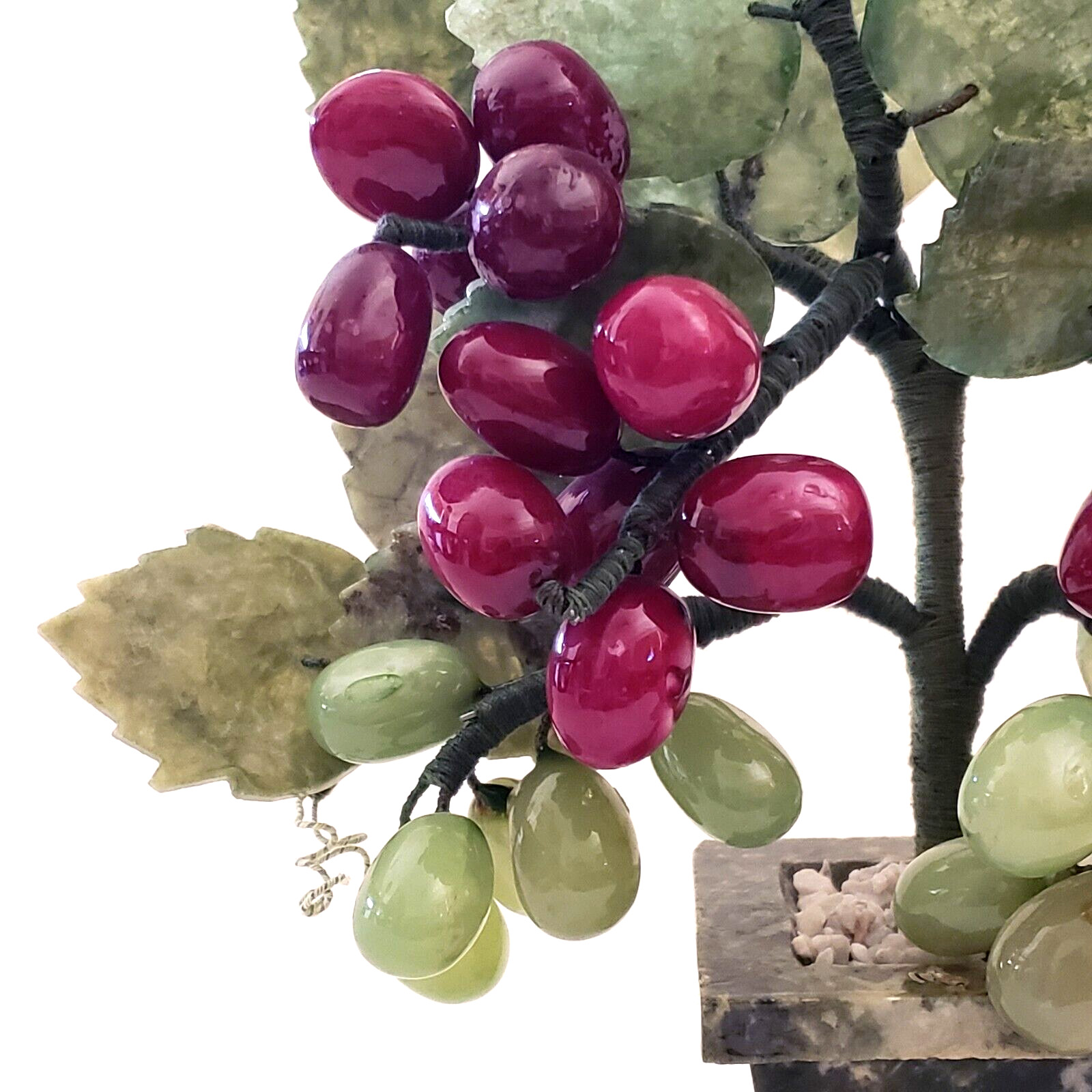 Jade Bonsai Grape Vine Tree Studio Art Carved Stone in Marble Planter 9″ Vintage