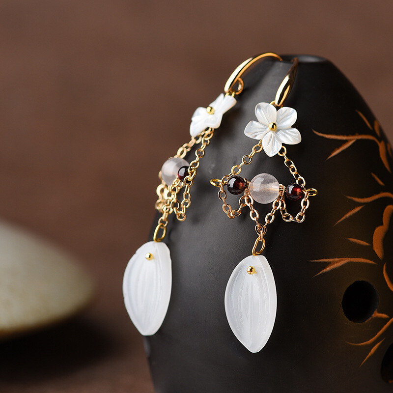 Chinese Powder Crystal/Coloured Glaze/Conch Flower Tibetan Style Earbob Earrings