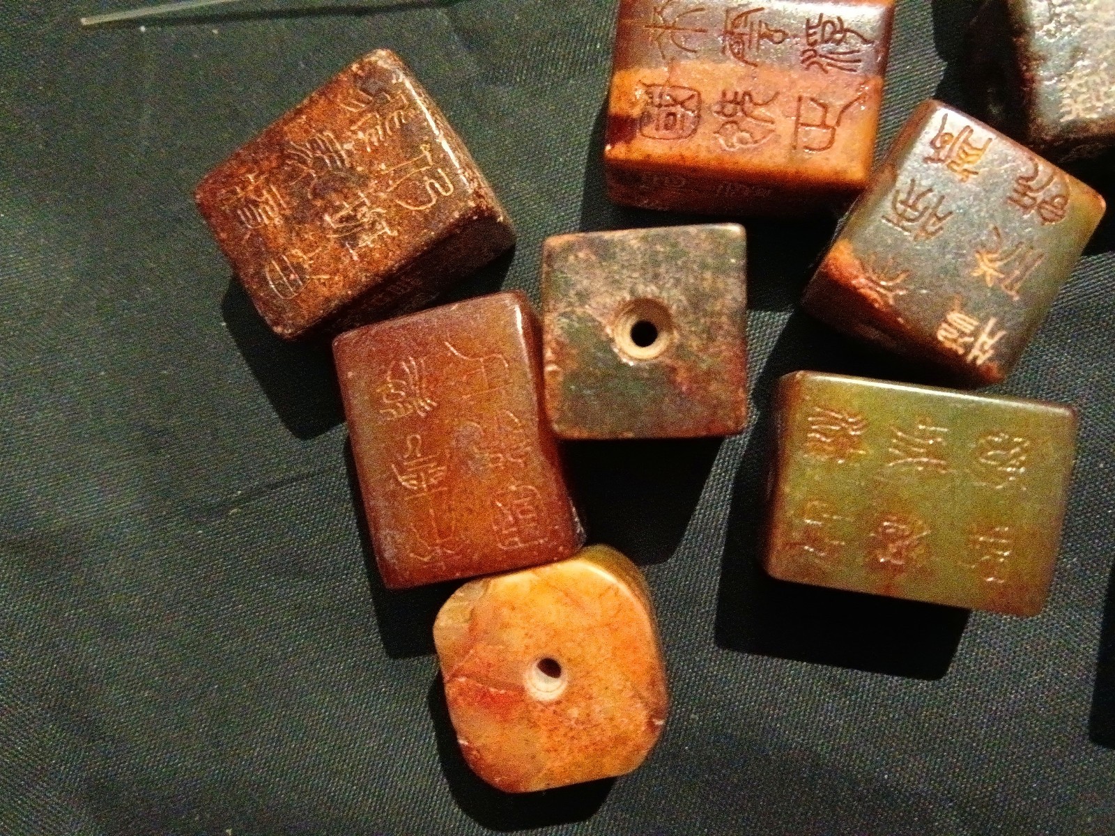 10 Pcs Unusual Chinese Old Jade Hand Carved *Poem* Square Cong Beads