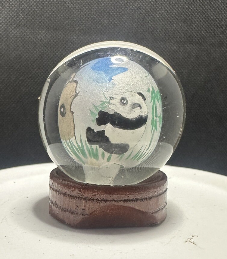 Vintage Mini Beautiful Panda Bear Sphere Globe Wood Base Chinese Reverse Painted