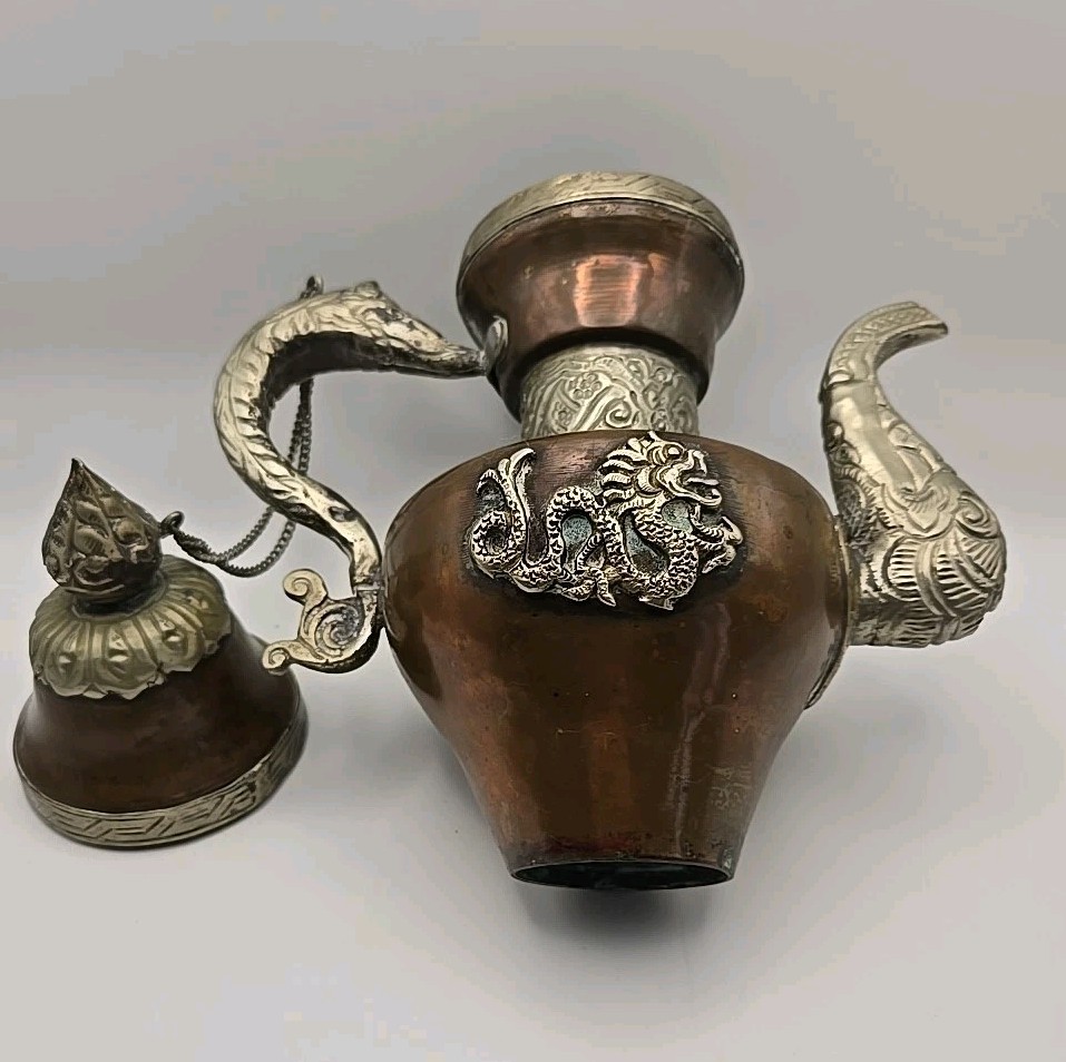 Antique Vintage Copper and Brass Carved Tibetan Teapot With Dragons EUC