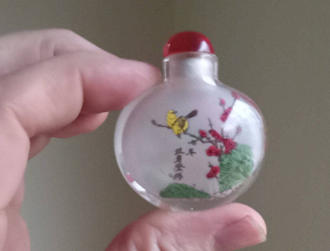 VINTAGE CHINESE REVERSE INSIDE PAINTED GLASS SNUFF BOTTLE WITH BIRDS & FLOWERS