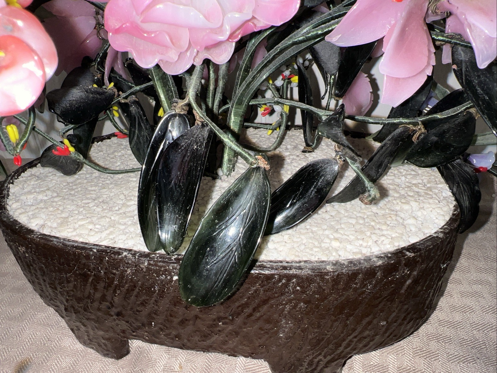 Vtg Jade Bonsai Flower Tree Pot Green Pink Quartz Glass Plant Large China