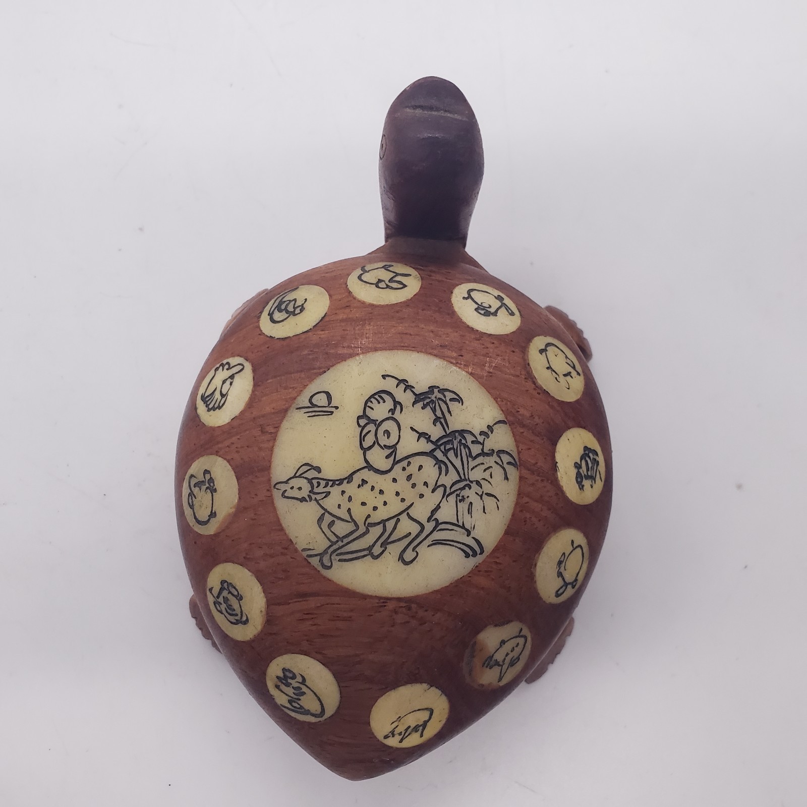 Vintage Carved Wood Turtle with Inlaid Chinese Zodiac Signs Opens to Compass