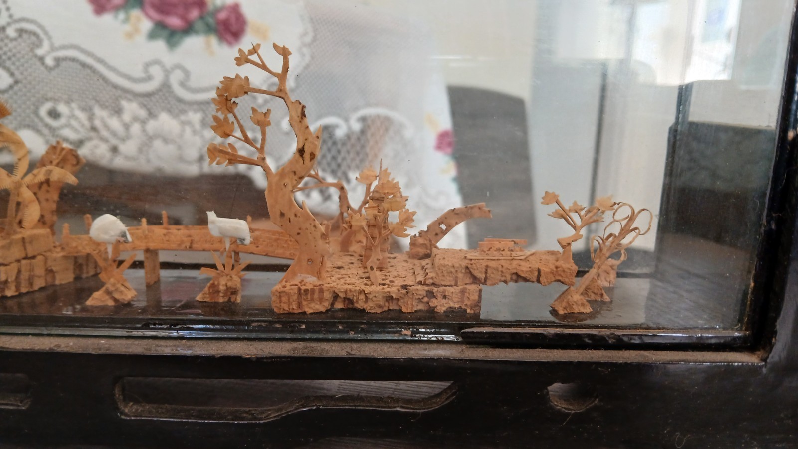 Vintage Chinese San You Cork Art Hand Carved Diorama Pagoda Cranes Trees