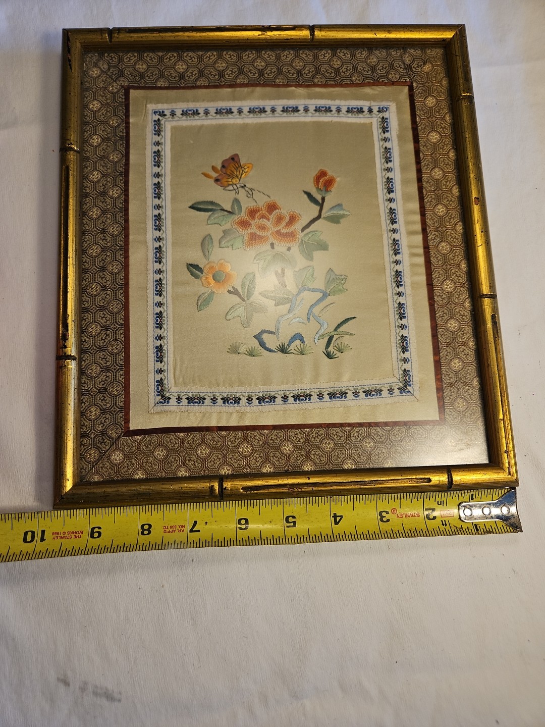 Hand Embroidered Silk Panel Flower and Pink Peach Butterfly ~ Framed Bamboo Like