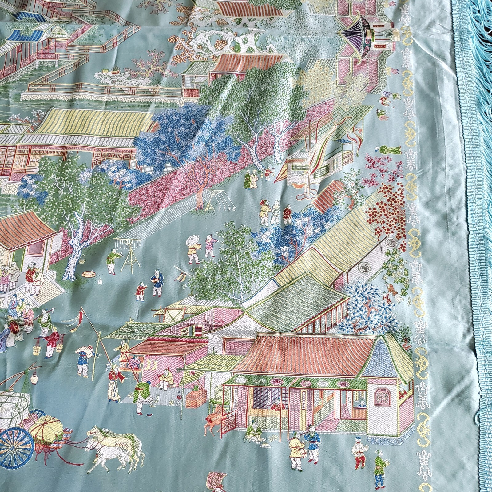 Vintage Gorgeous “Brocaded Flowers” Chinese Silk Tapestry Tablecloth 80″x54″