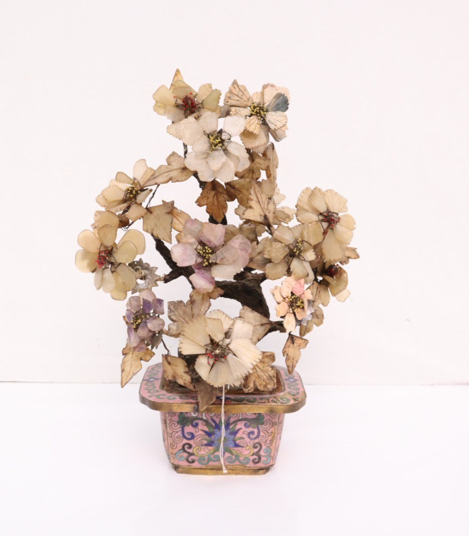 Vintage Cloisonné Potted Jade & Gemstone Flower Tree Decor LARGE 13.5″ Tall