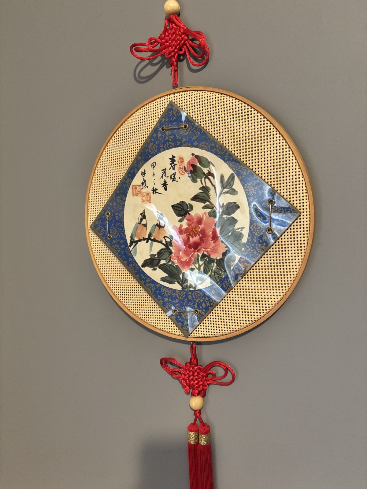 Chinese Red Knot Tassel and Bamboo Wall Hanging w/ Peonies and Birds