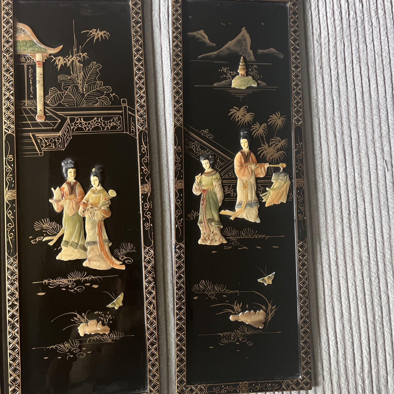 4 Asian/Oriental Hanging Wall Panels Mother Of Pearl Black Lacquer 36”X12” (READ