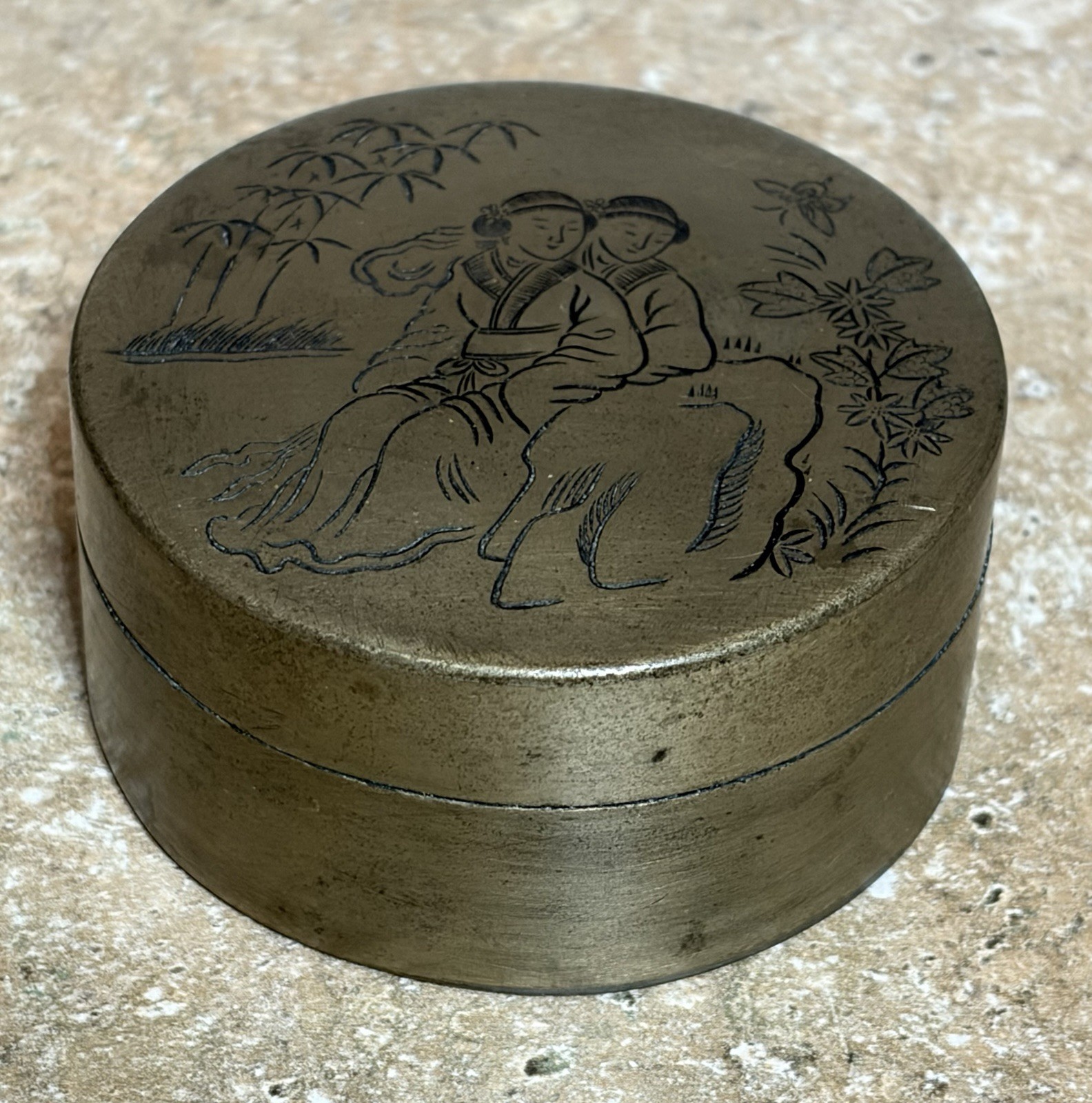 Chinese Paktong Brass Calligraphy Ink Round Box Engraved Top Signed Bottom