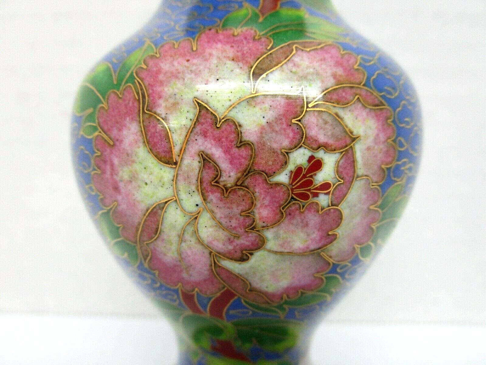 Small Vintage Cloisonne Asian Vase Blue with Floral Pattern Brass Accents 5 inch