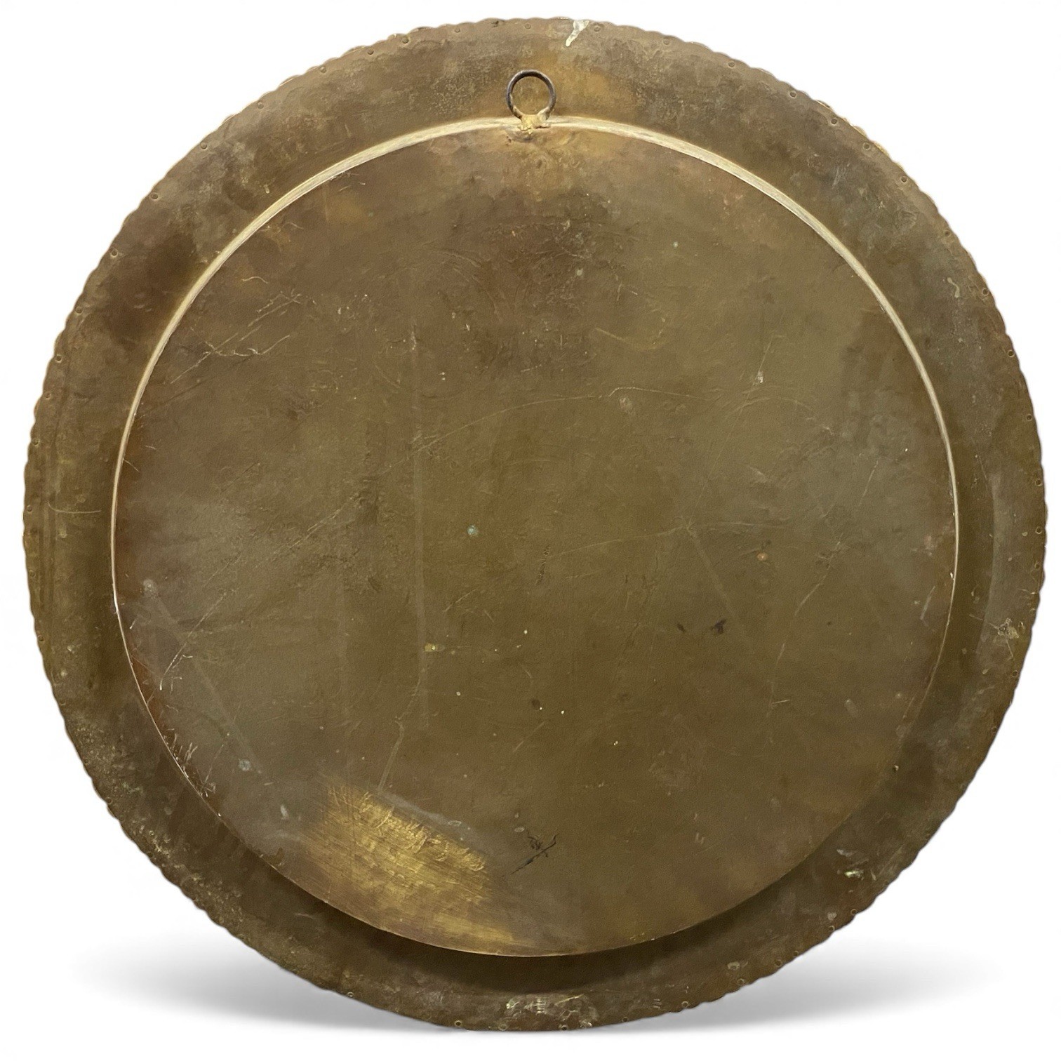 Mid Century Brass Chinese Phoenix Round Tray Engraved Wall Art Good Fortune 30in