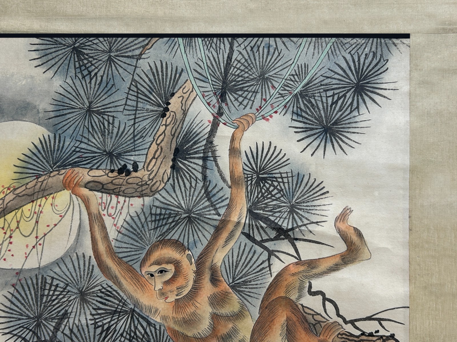 Oriental Scholar Monkeys Ink Brush Color Scroll Painting Wall Art ws4781