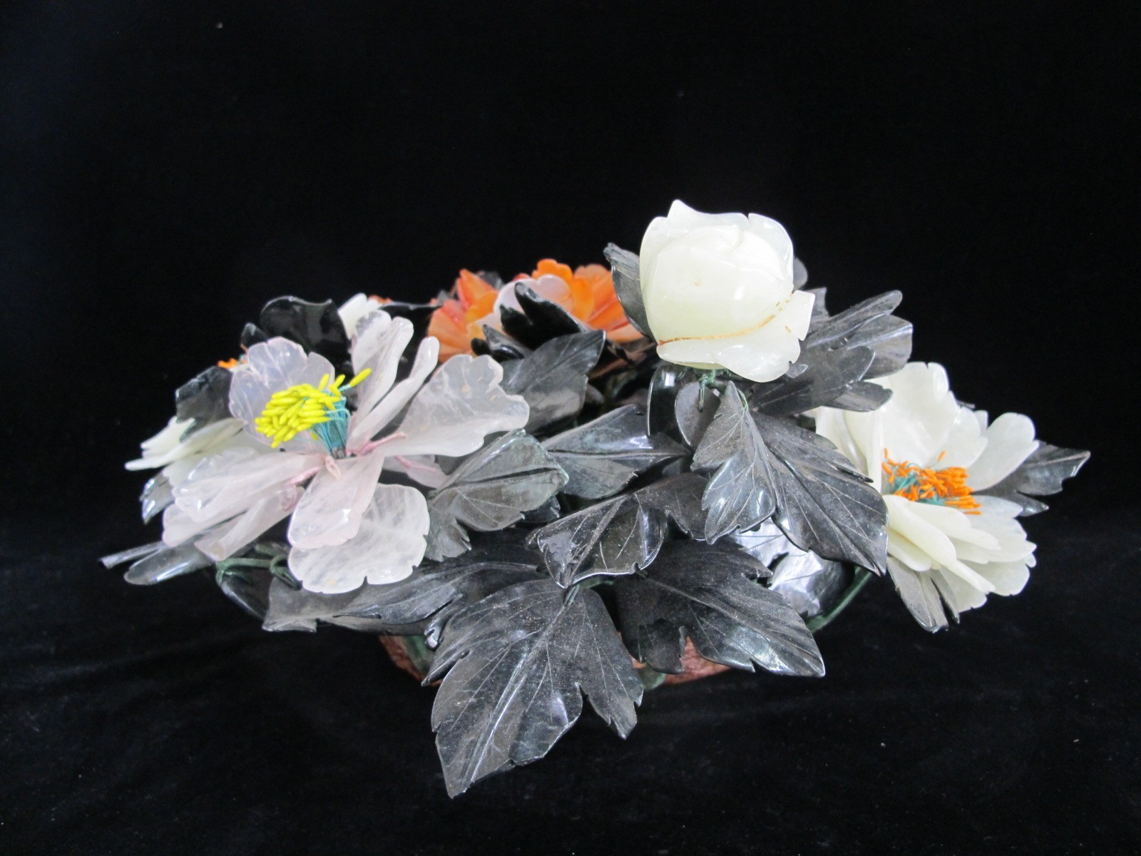 CHINESE Carved Jade Carnelian & Quartz Hardstone FLOWER Centerpiece