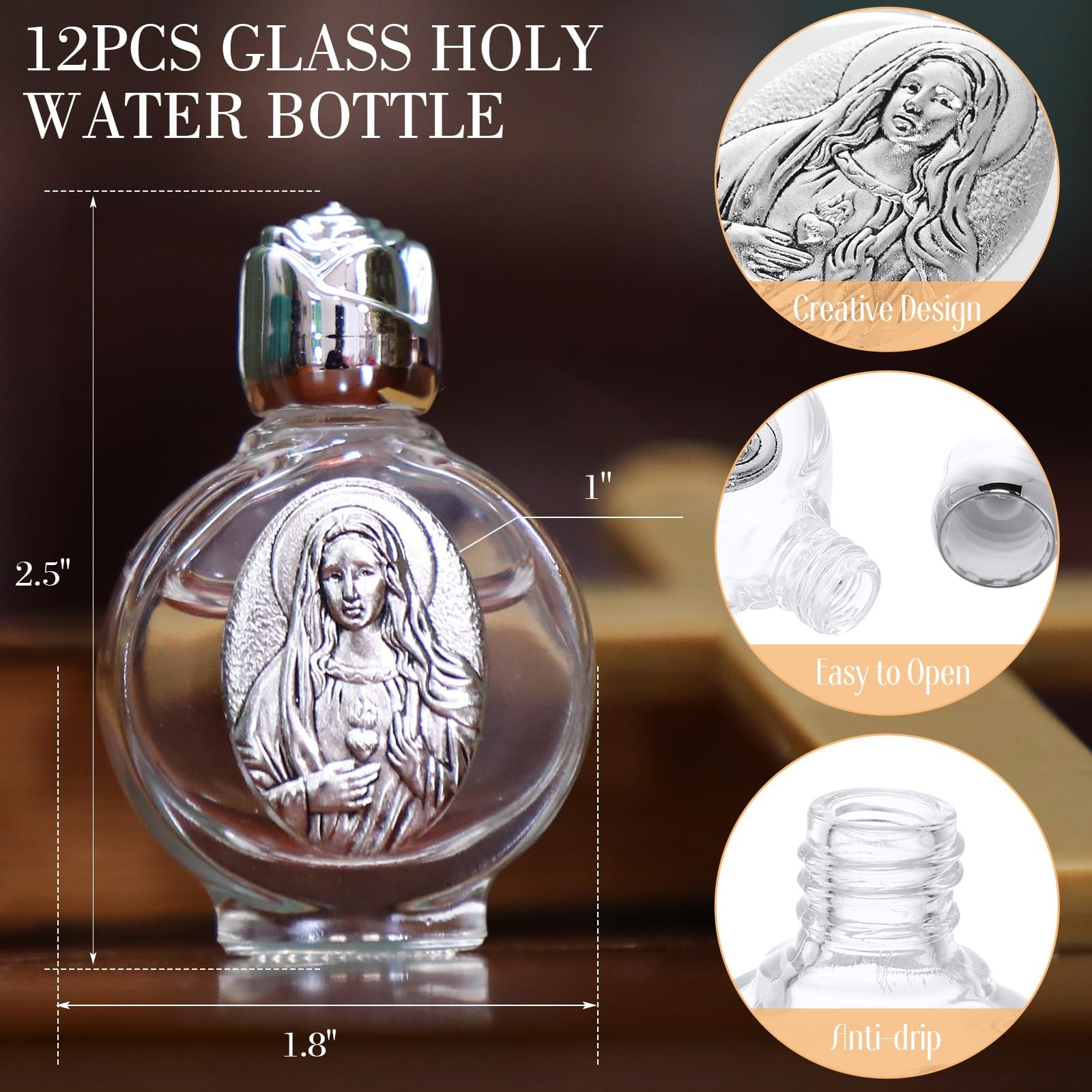 Domensi 12 Pcs Glass Holy Water Bottles 0.5 Floz Embossed Portable Glass Travel