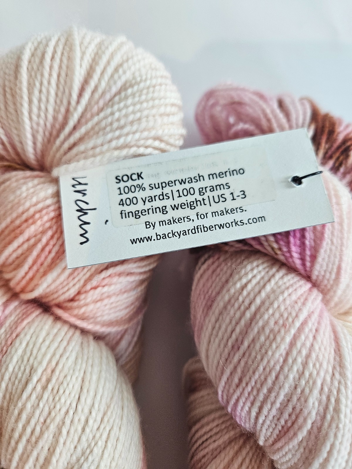 Two Skeins Backyards Fiberworks Yarn Sock SW Merino 400 yards pink speckles