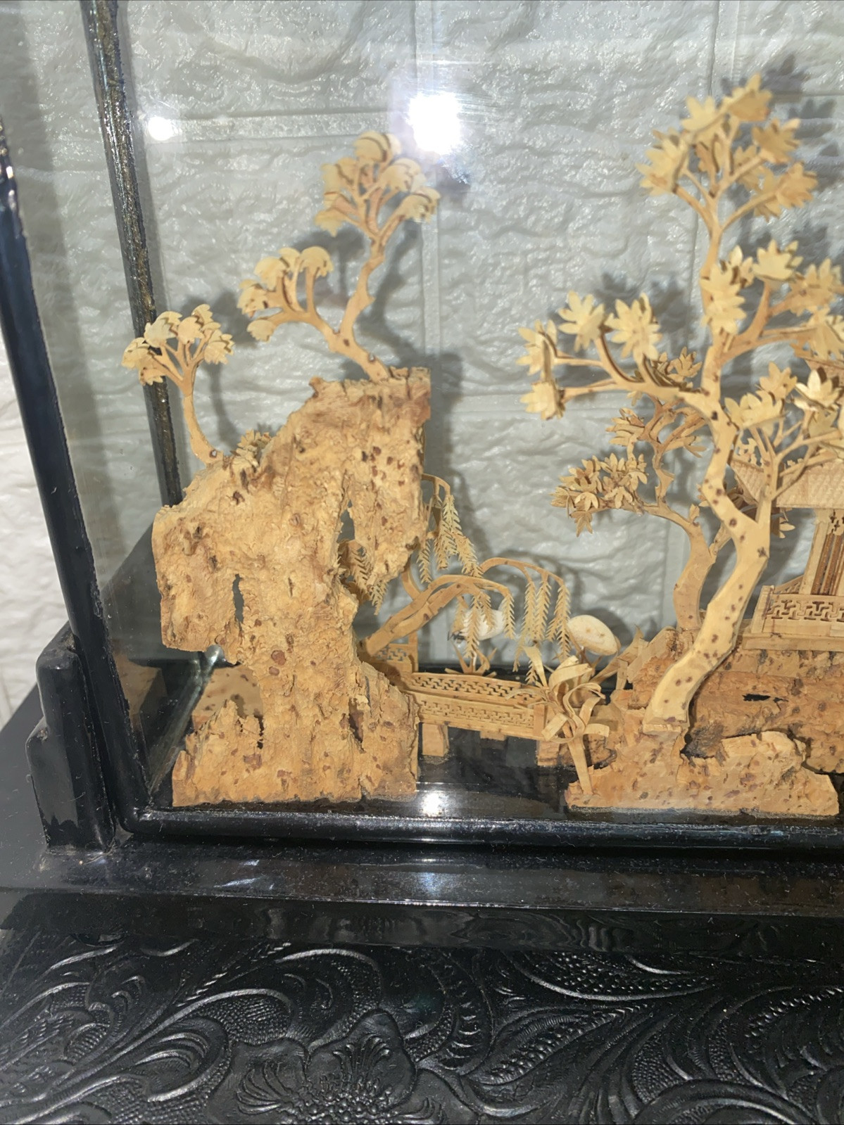 Vintage Chinese SanYou Diorama Handmade Cork Carvings Of Cranes Pagoda & Trees