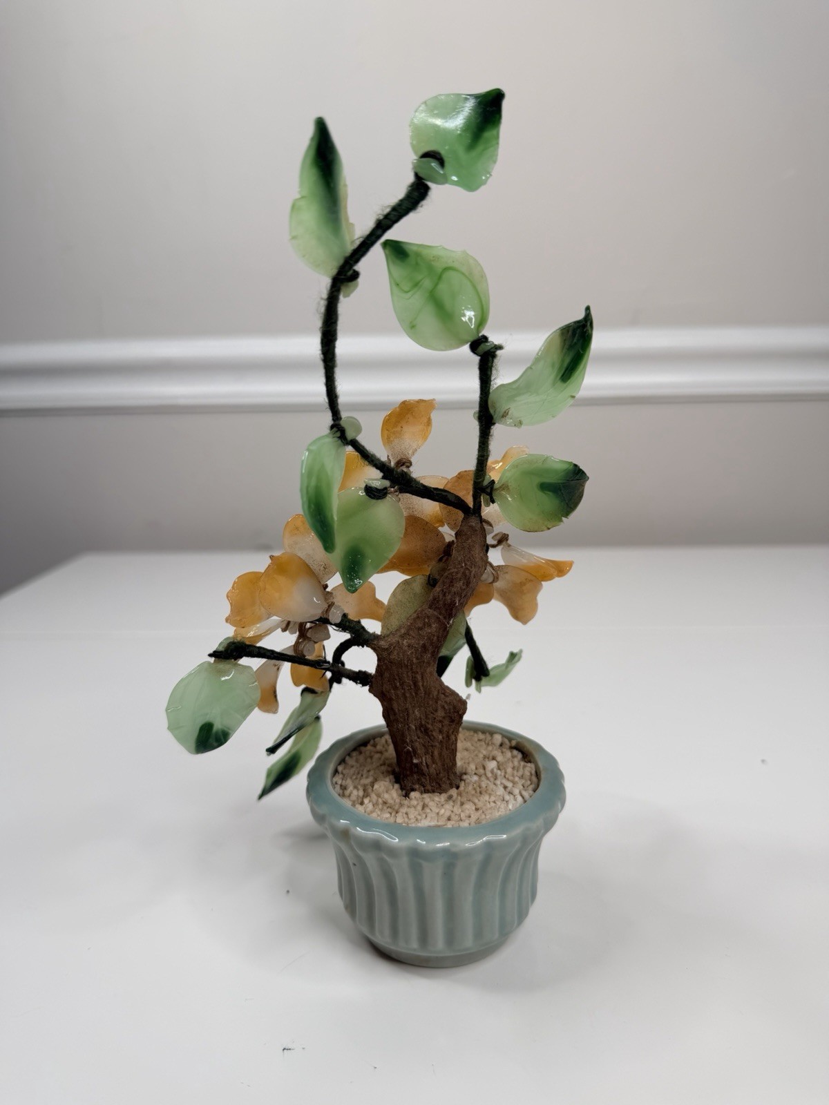 Vintage Asian Jade Glass peach green Cherry Blossom Bonsai Tree 9” Inch