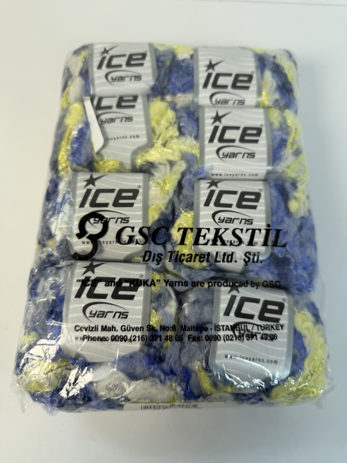 Ice Yarns 8 Balls Blue Yellow Cream Wool Acrylic Blend 50gr / 25m Each