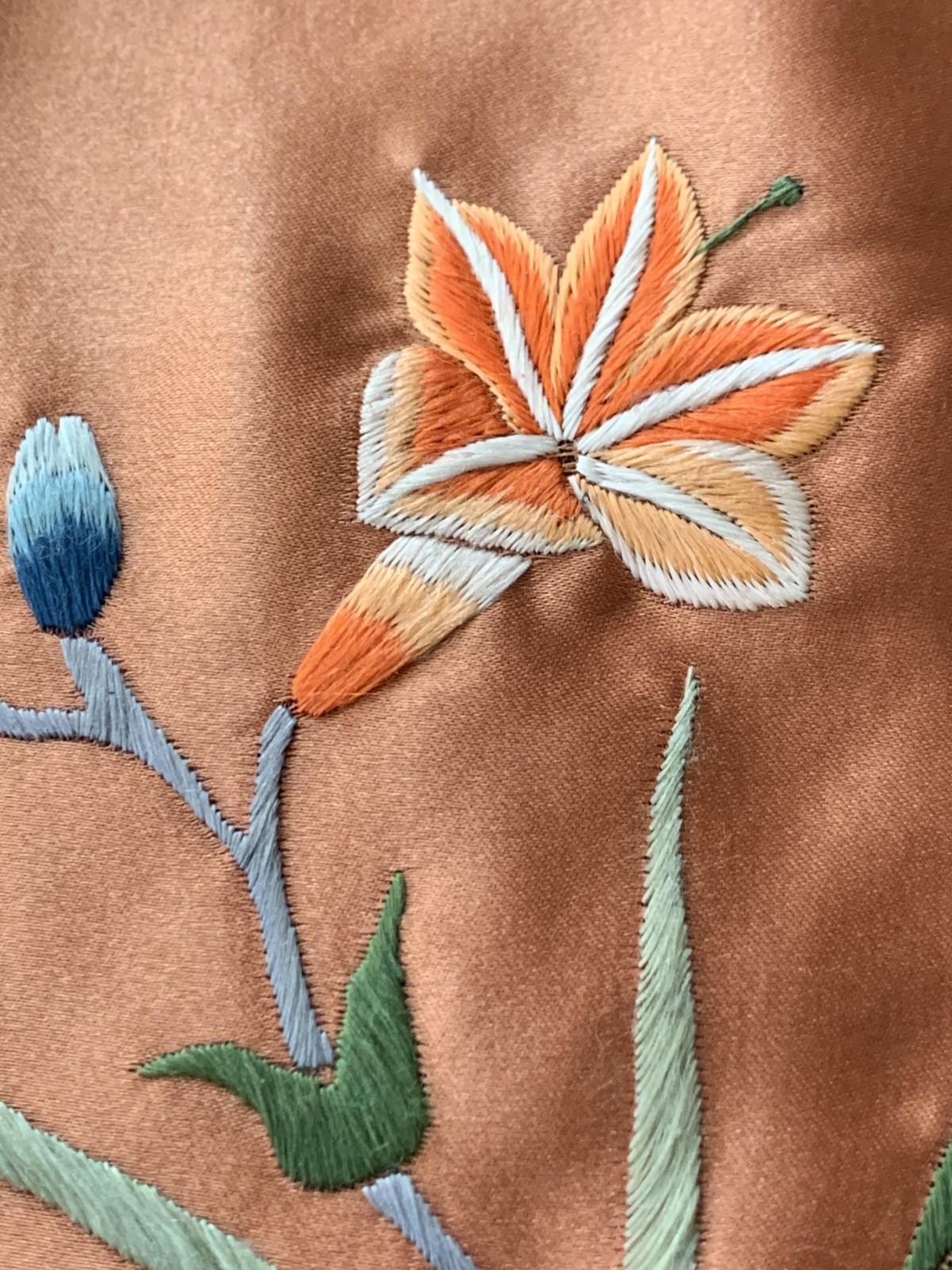 Vintage Chinese Silk Embroidery Textile Panel Butterfly and Flowers 13 x 13″