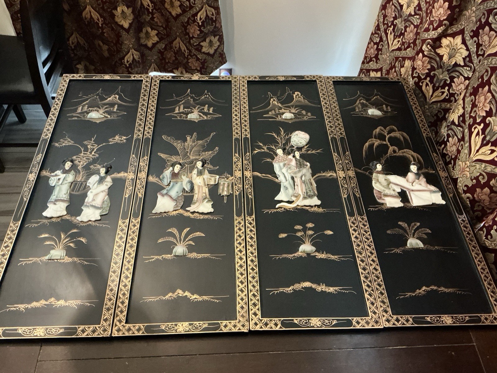 Lot Of 4 Chinese Wood Panel Wall Hanging, 12” By 36”, Used In Great Condition.