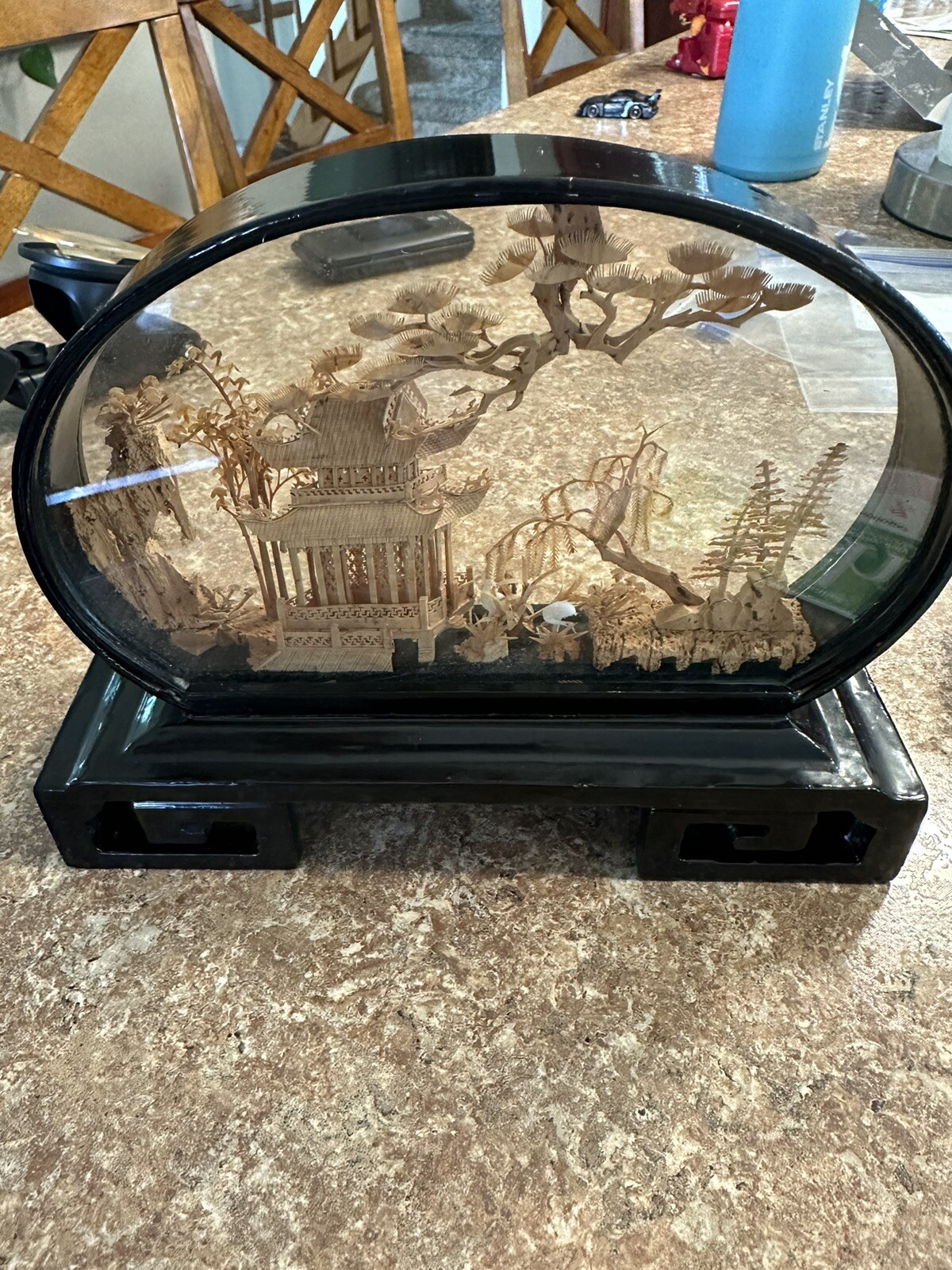 VINTAGE CHINESE DIORAMA CORK CARVING GLASS CASE PAGODA TREES & CRANES