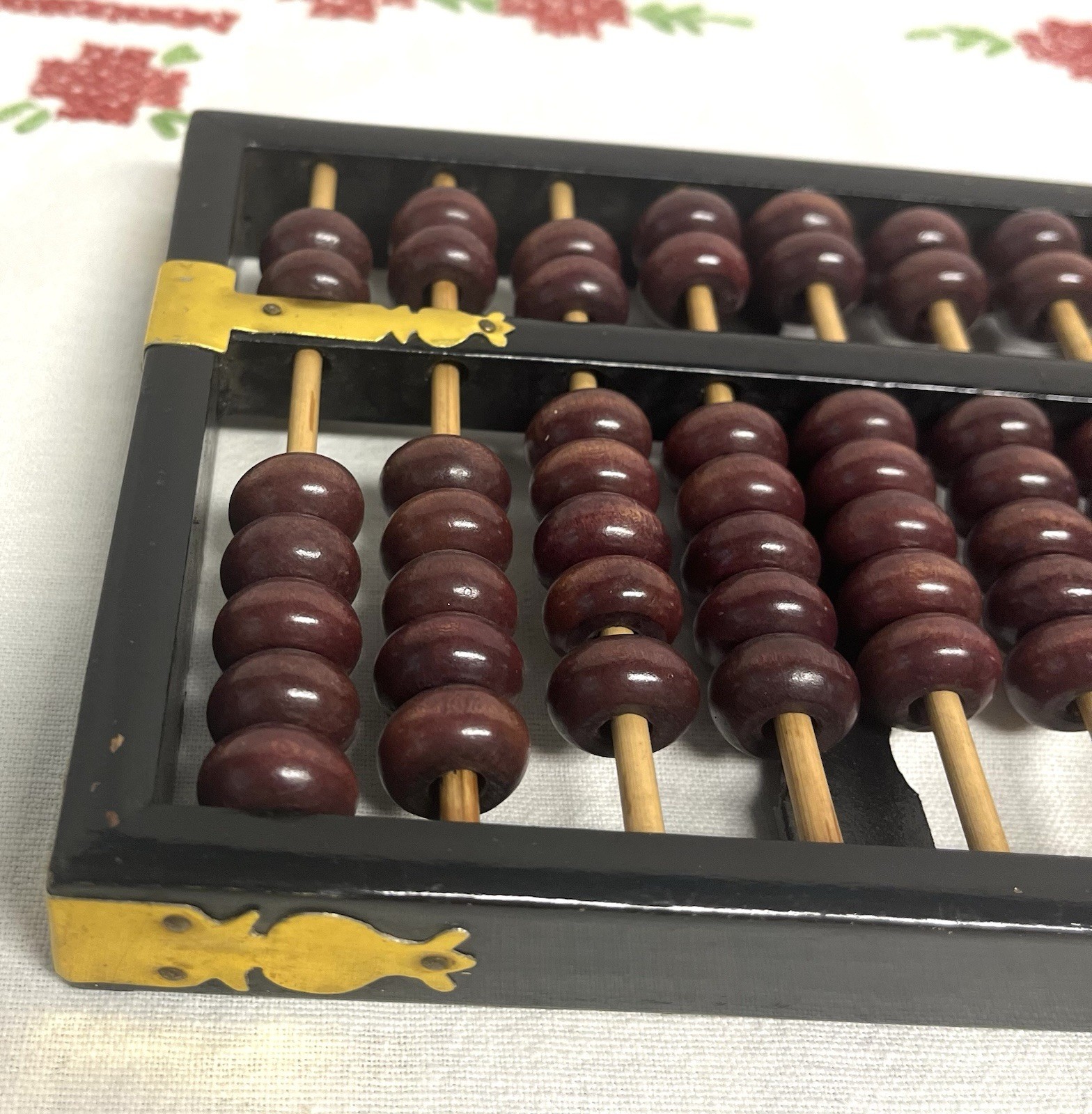 Vintage Chinese abacus black wooden frame brown beads brass reinforcements