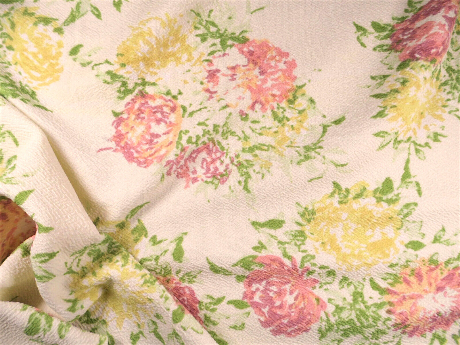 Printed Liverpool Textured Fabric Stretch Cream Pink Yellow Green Floral I705