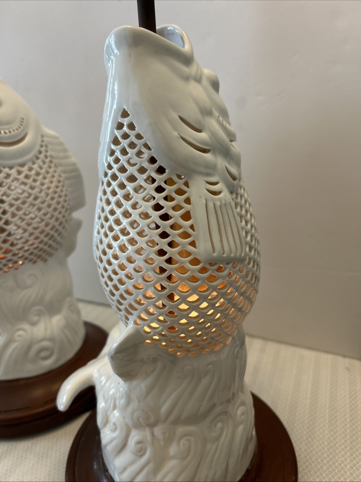 2 Reticulated Porcelain Lamps Blanc De Chine White Koi Carp Fish Japan Vintage